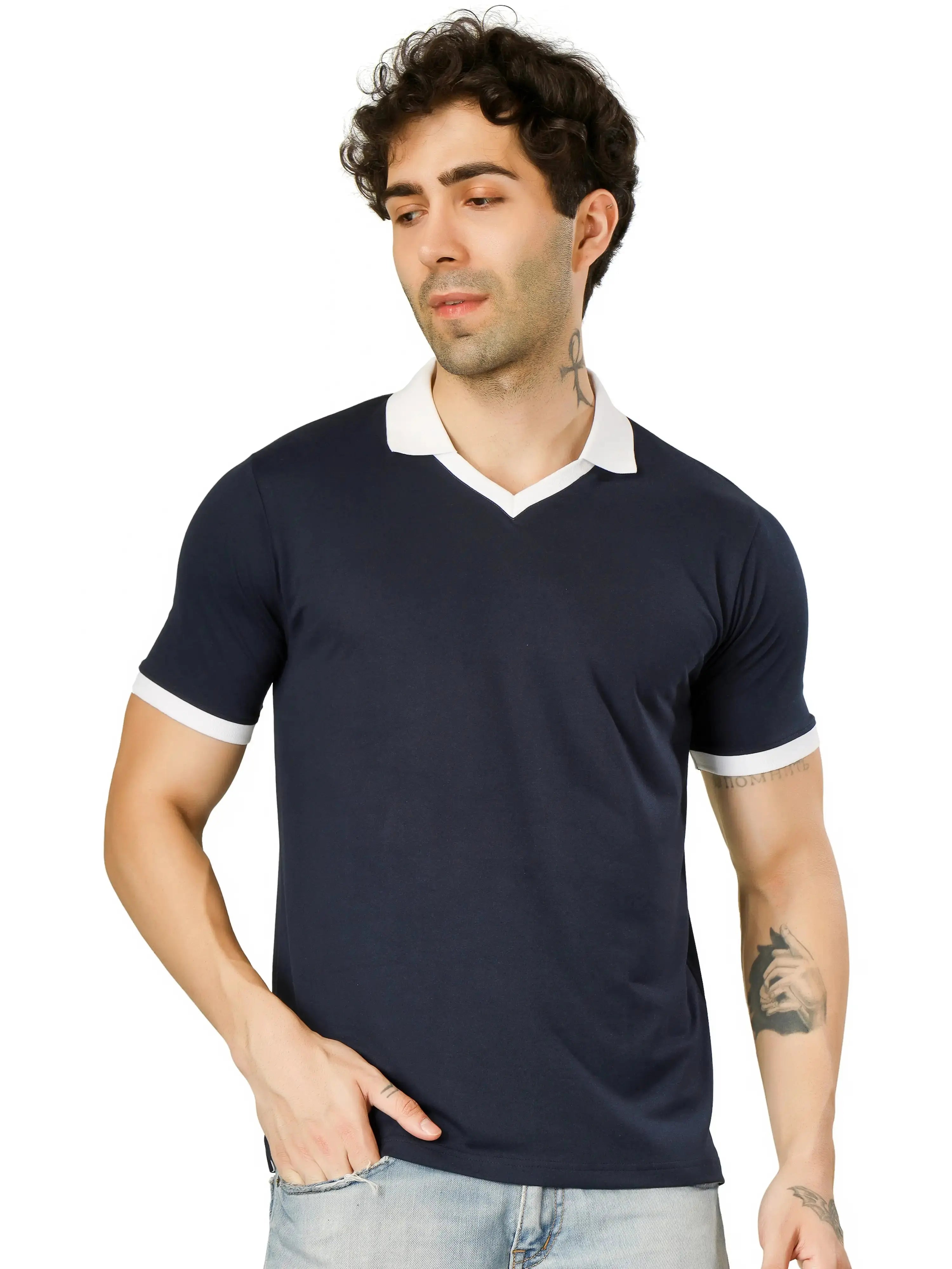 BlueFicus  Men Solid Polo Neck Cotton Blend T-Shirt Blueficus